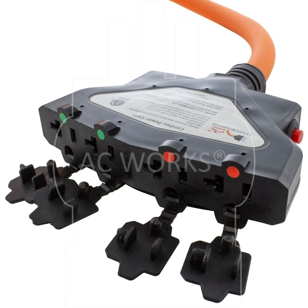 25FT L14-30P 30A 4-Prong Generator Locking Plug to (4) Household Outlets with 24A Breaker