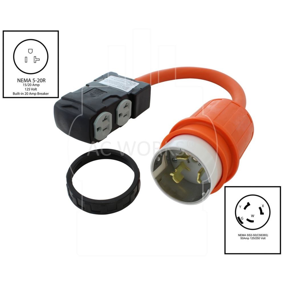 1.5FT SS2-50P/ CS6365 Locking Plug to (4) Household Outlets with 20A Breaker