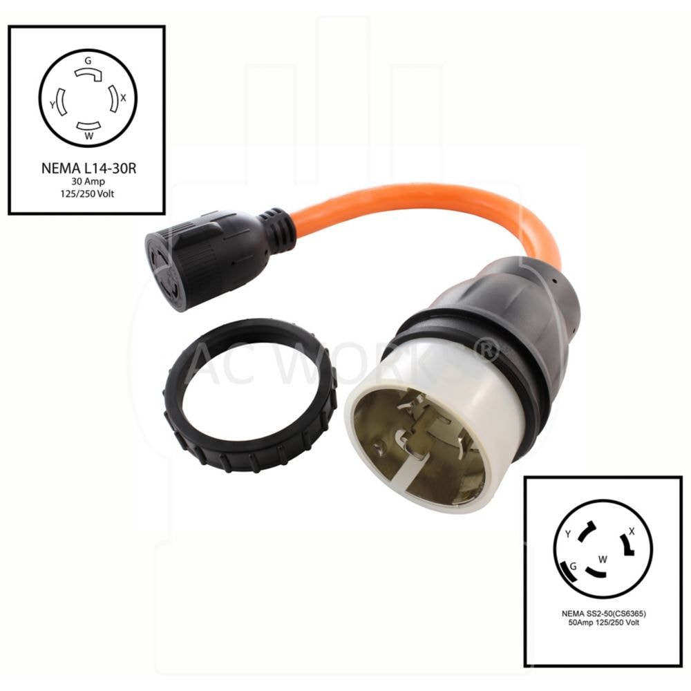 1.5FT 50A 125/250V SS2-50P/CS6365 Plug to L14-30 4-Prong Locking Adapter