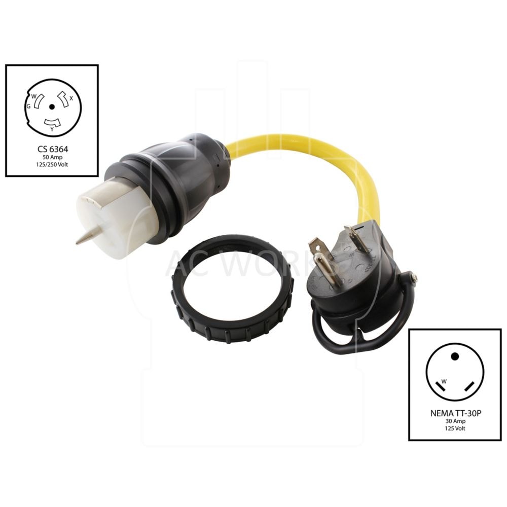 1.5FT Temporary Power RV 30A TT-30P Plug to CS6364 50A Locking Female Adapter