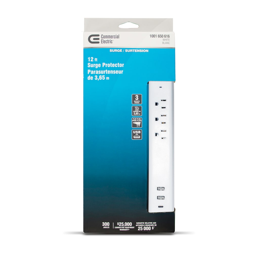 12 ft. 3-Outlet 16 Gauge Light Duty 13 Amps Indoor Extension Cord with 3 USB Charging Ports, White