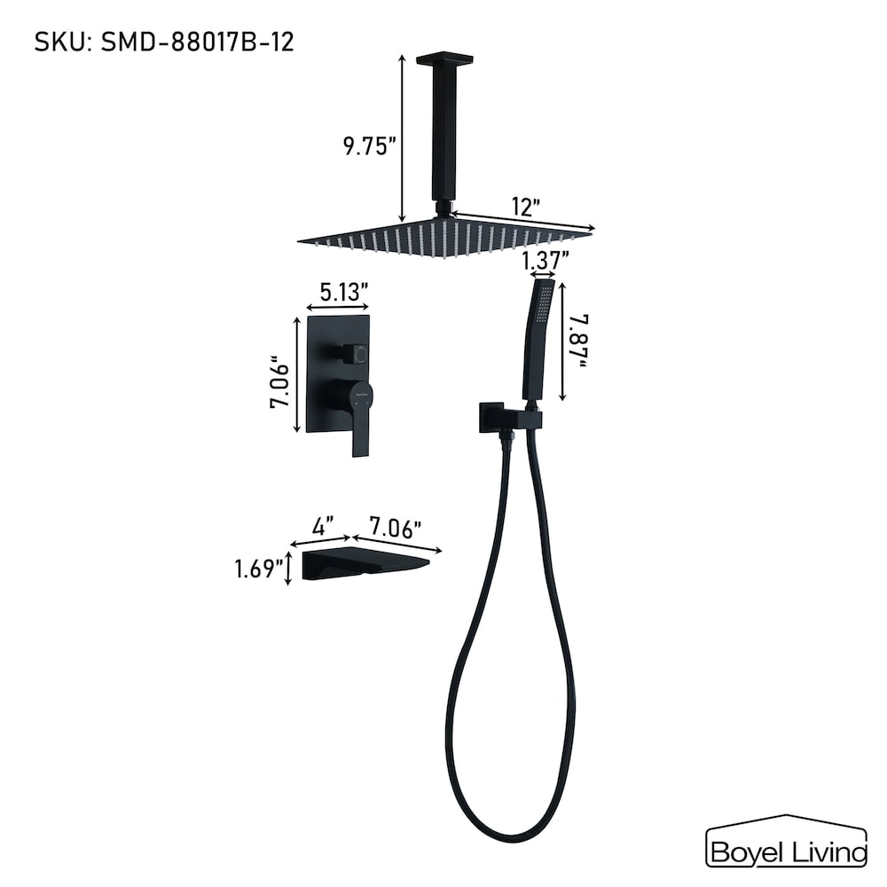 Robinet de douche à effet pluie et fixe à 1 jet monté au plafond avec bec de baignoire en noir mat