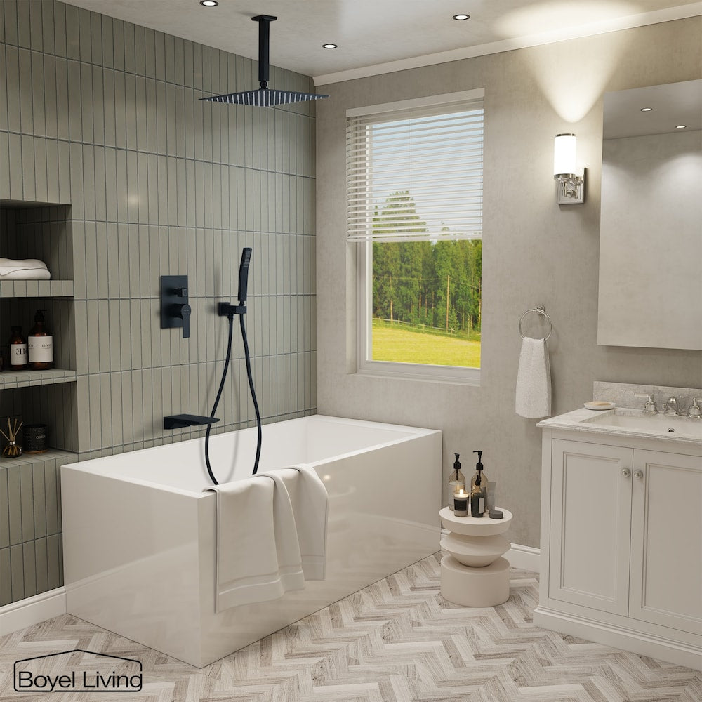 Robinet de douche à effet pluie et fixe à 1 jet monté au plafond avec bec de baignoire en noir mat