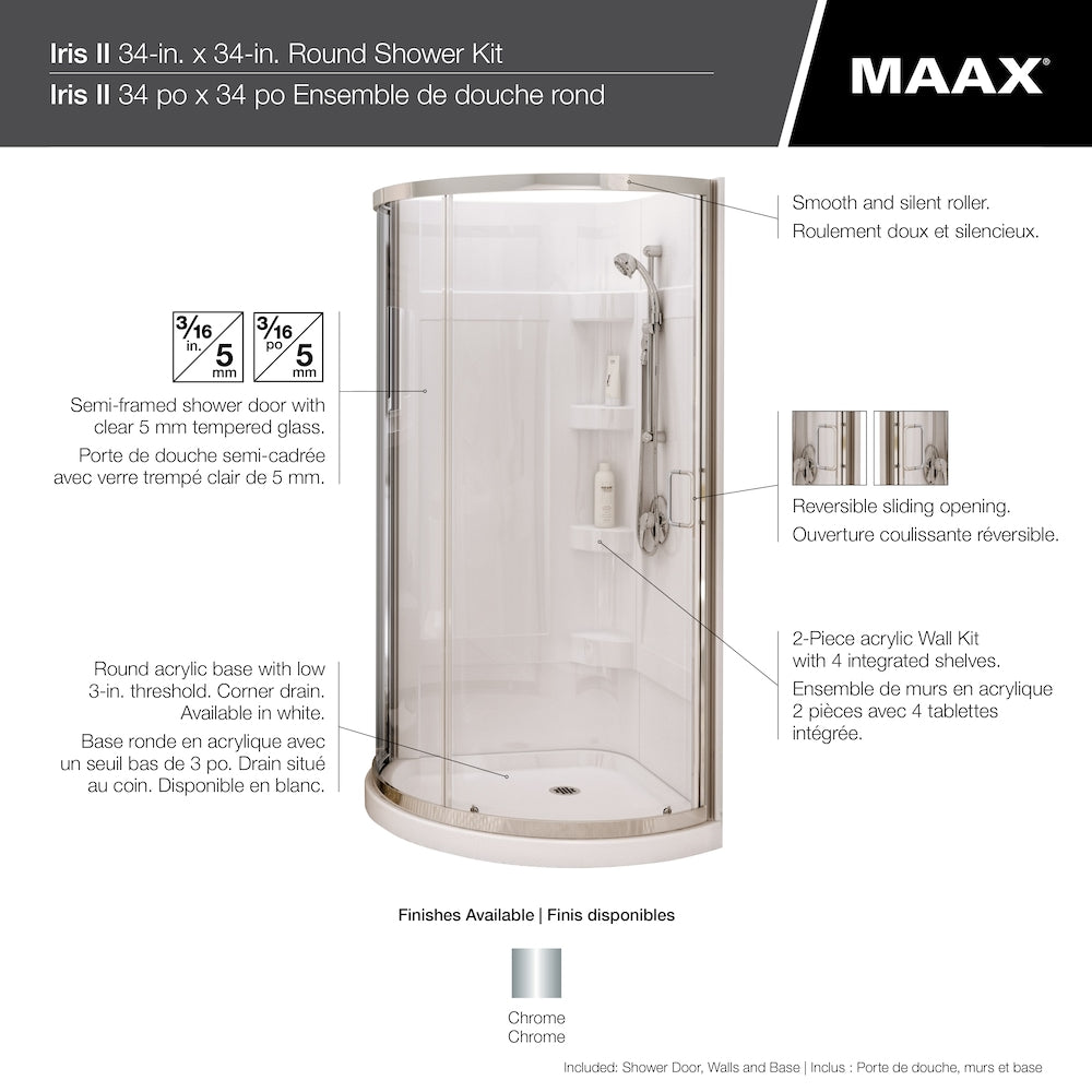 Iris II 34 in. L x 34 in. W x 76 in. H Round Acrylic Corner Shower Kit Enclosure with Corner Drain Base, Wall Surround, Built-In Shelves & Sliding Chrome Door