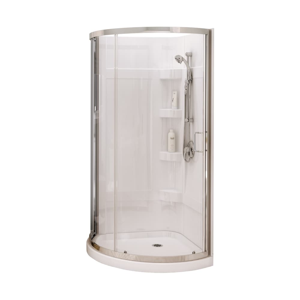 Iris II 34 in. L x 34 in. W x 76 in. H Round Acrylic Corner Shower Kit Enclosure with Corner Drain Base, Wall Surround, Built-In Shelves & Sliding Chrome Door