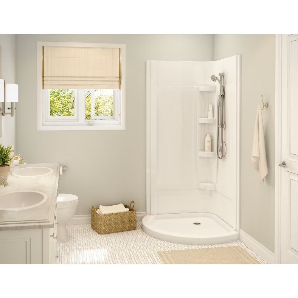 Iris II 34 in. L x 34 in. W x 76 in. H Round Acrylic Corner Shower Kit Enclosure with Corner Drain Base, Wall Surround, Built-In Shelves & Sliding Chrome Door