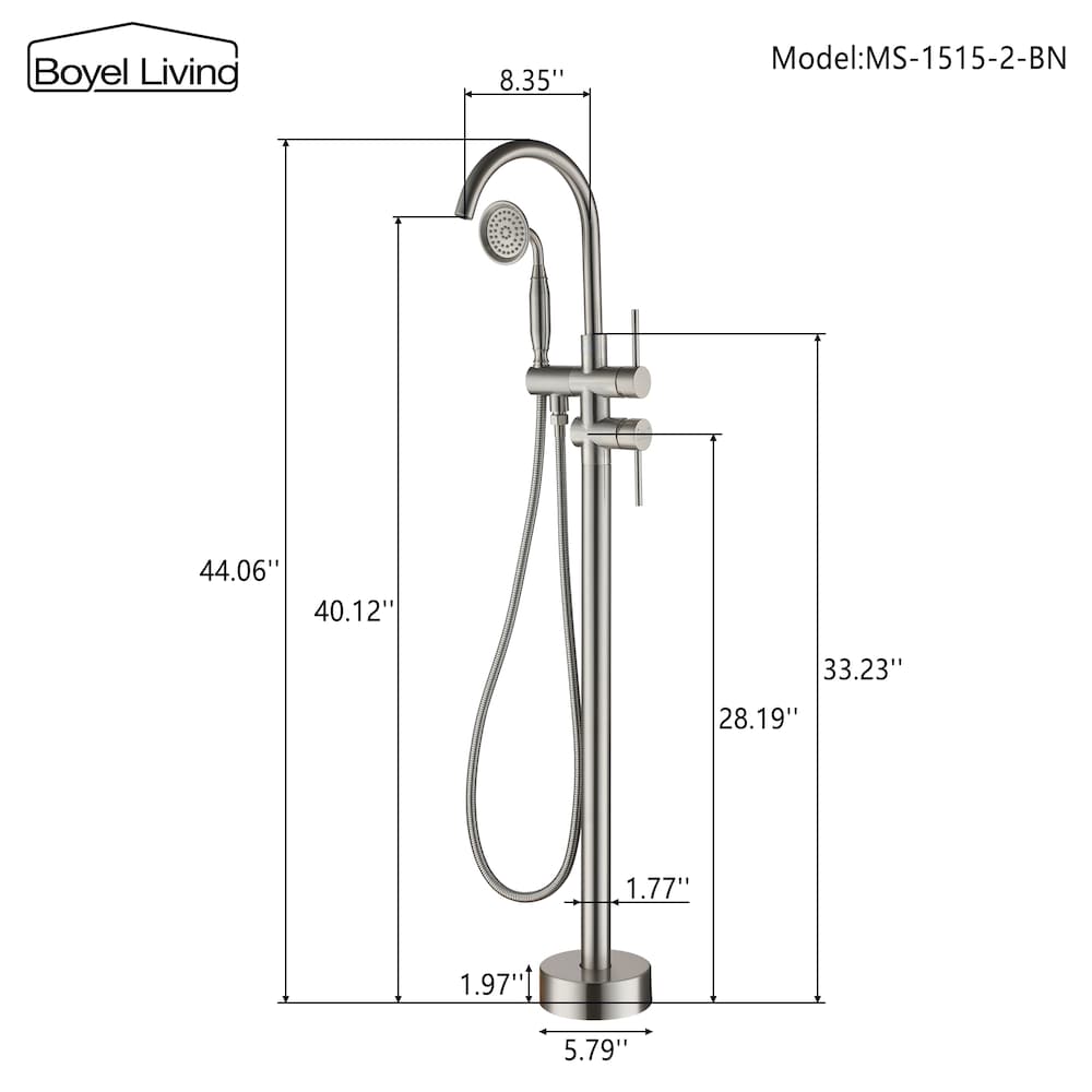Robinet de baignoire à montage au sol de 6 GPM avec douche à main en nickel brossé