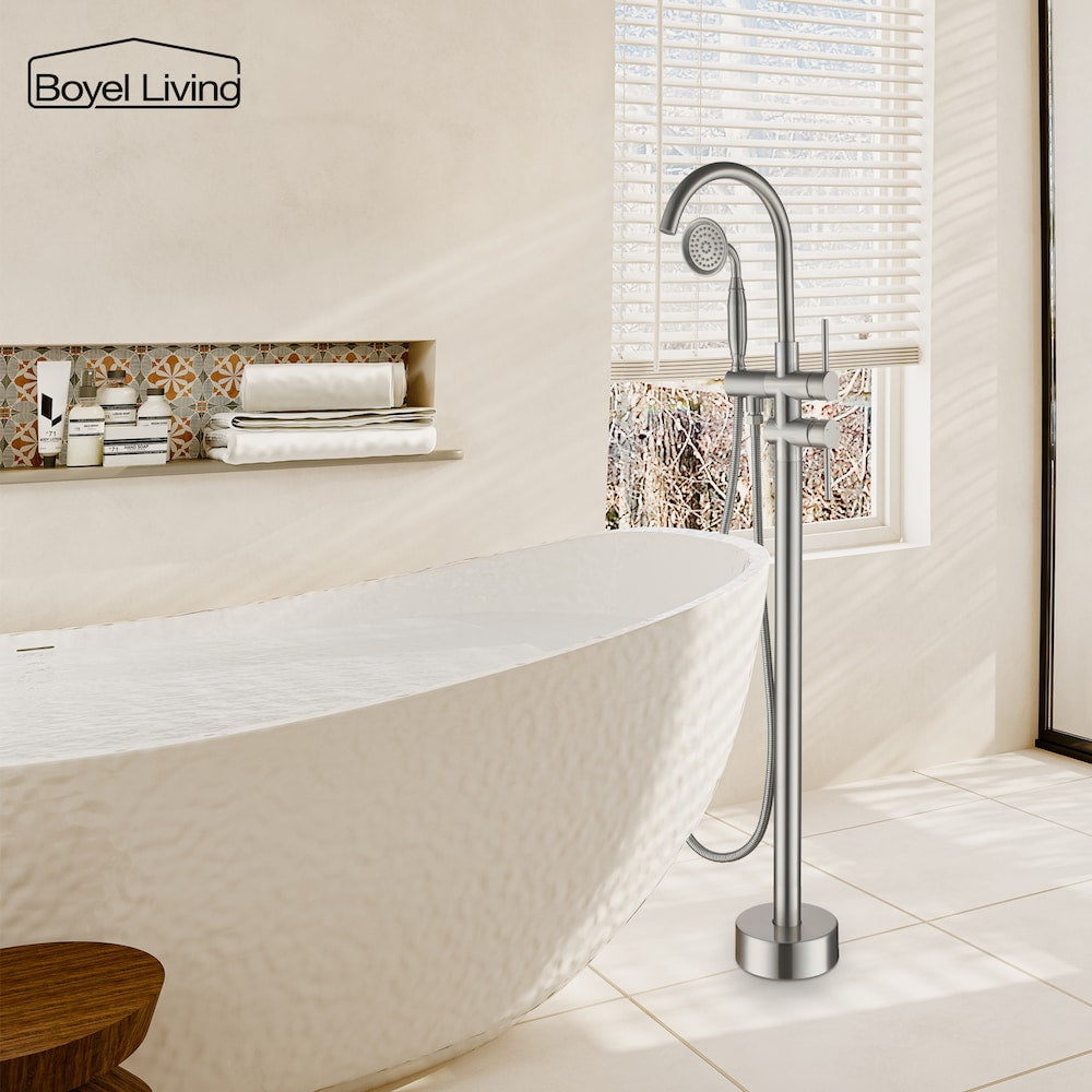 Robinet de baignoire à montage au sol de 6 GPM avec douche à main en nickel brossé