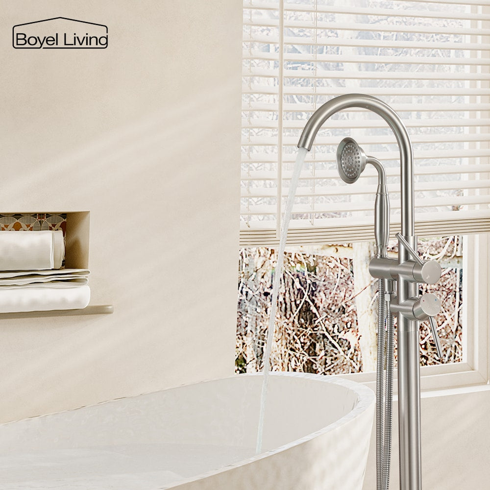 Robinet de baignoire à montage au sol de 6 GPM avec douche à main en nickel brossé