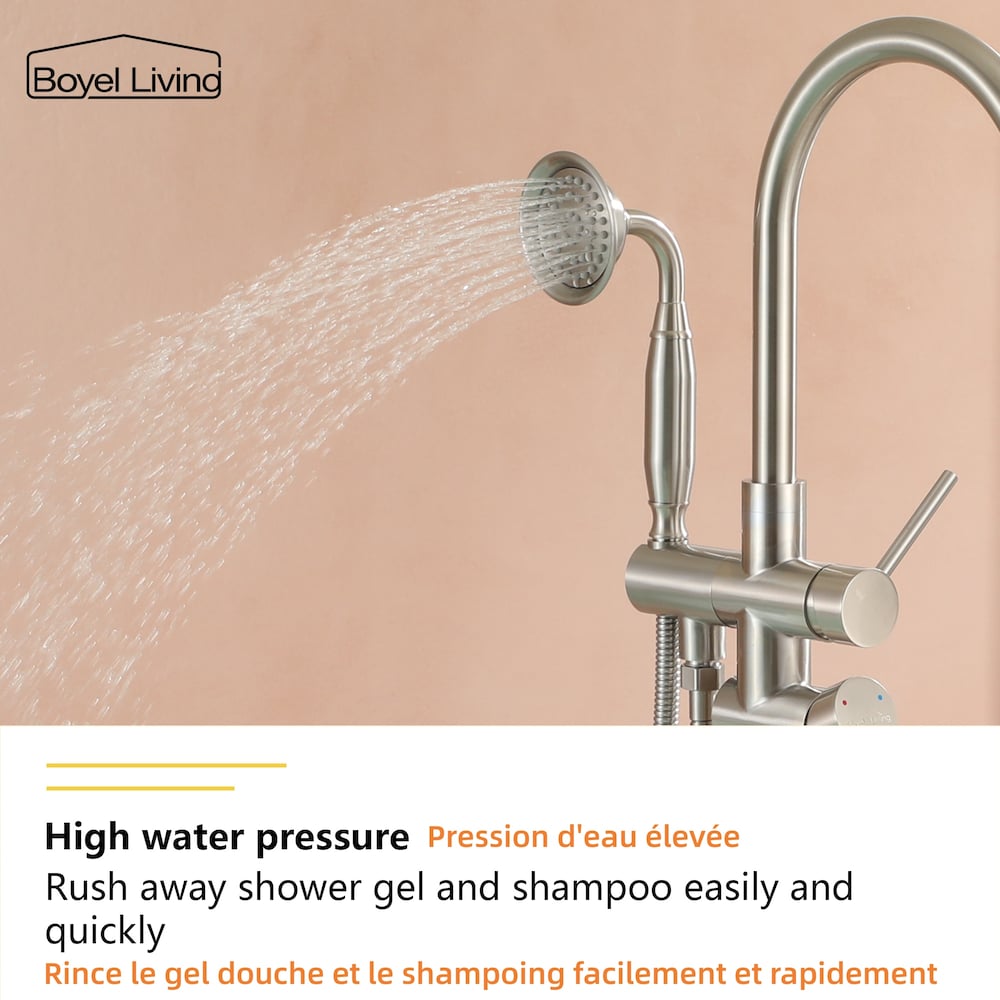 Robinet de baignoire à montage au sol de 6 GPM avec douche à main en nickel brossé