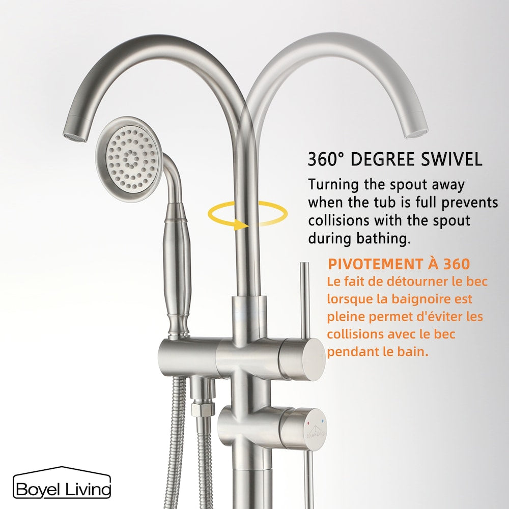 Robinet de baignoire à montage au sol de 6 GPM avec douche à main en nickel brossé