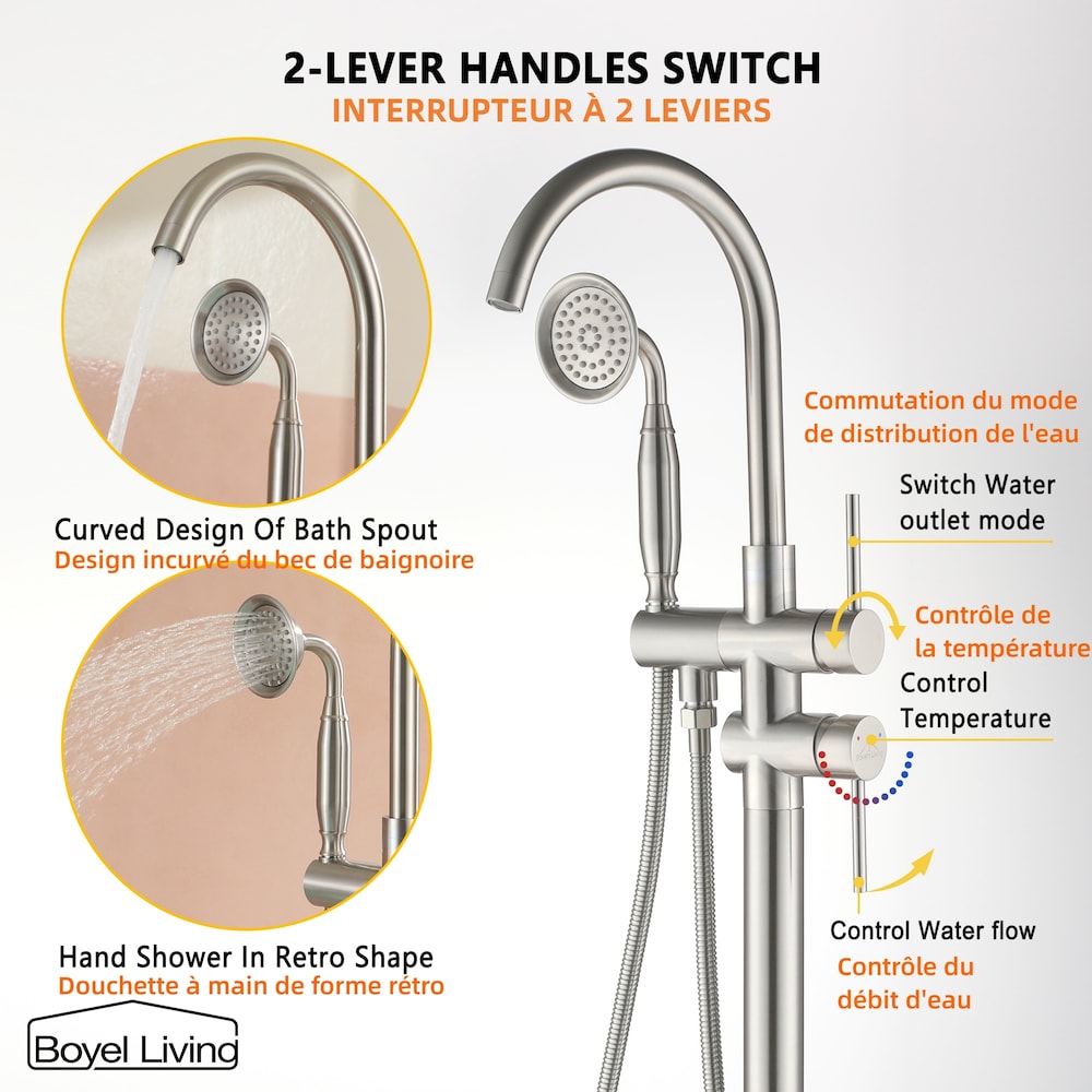 Robinet de baignoire à montage au sol de 6 GPM avec douche à main en nickel brossé