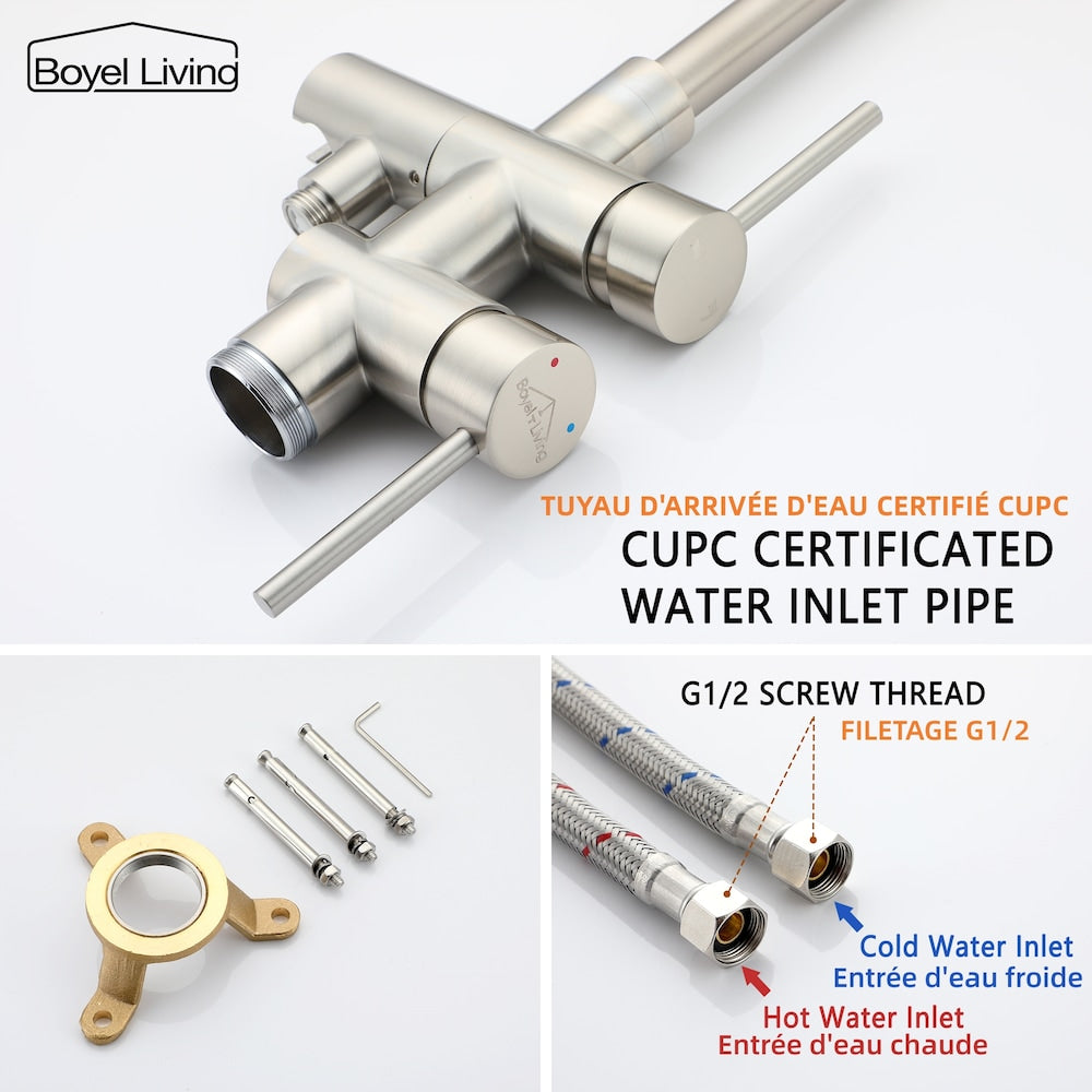 Robinet de baignoire à montage au sol de 6 GPM avec douche à main en nickel brossé