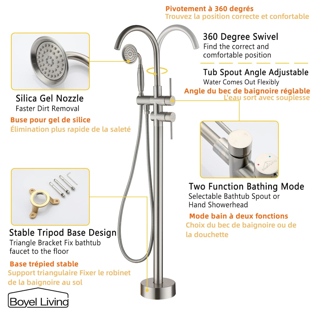 Robinet de baignoire à montage au sol de 6 GPM avec douche à main en nickel brossé