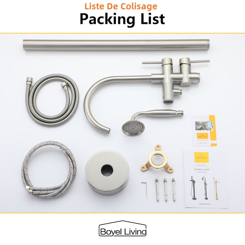 Robinet de baignoire à montage au sol de 6 GPM avec douche à main en nickel brossé