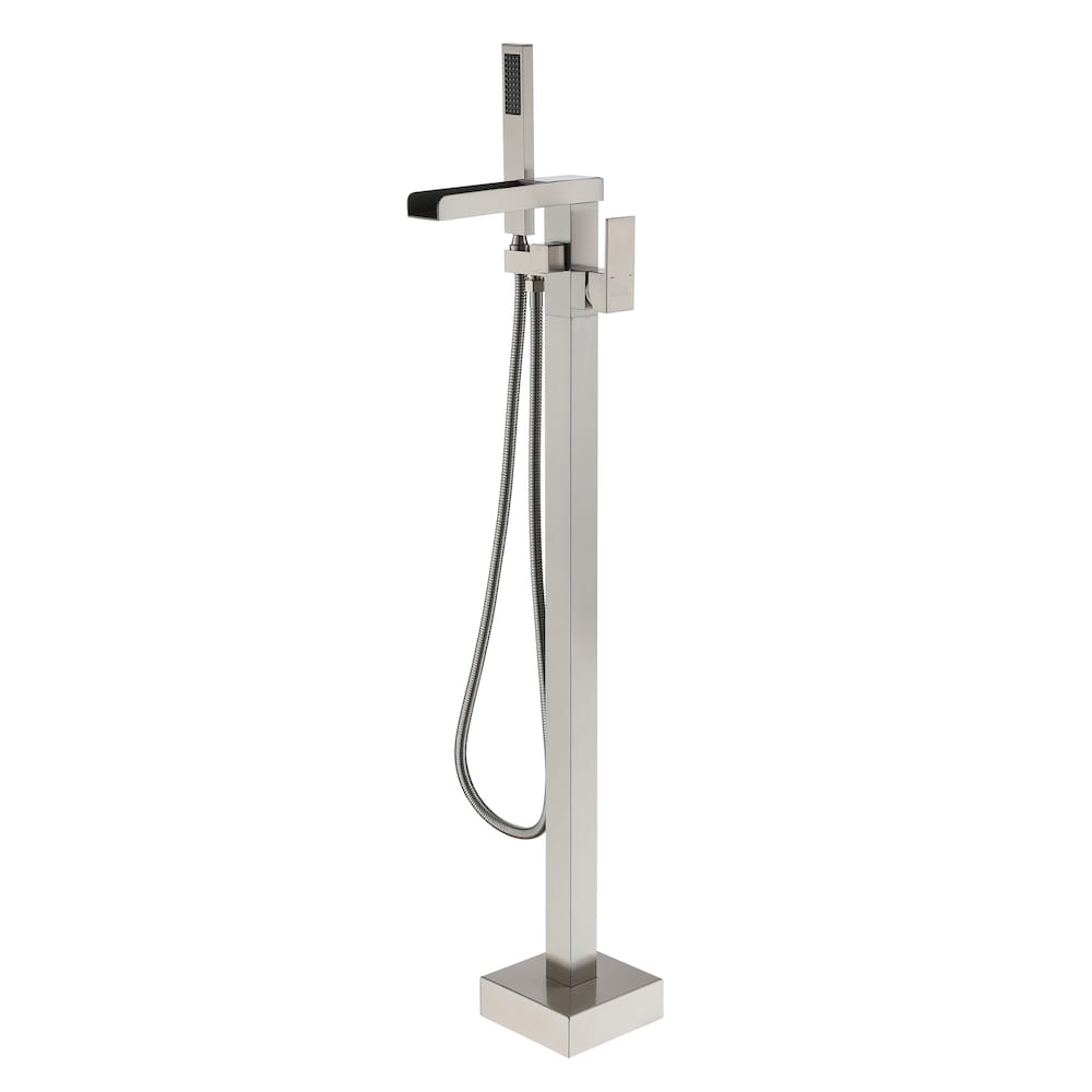 Robinet de baignoire à cascade à montage au sol de 2,4 GPM avec douche à main en nickel brossé