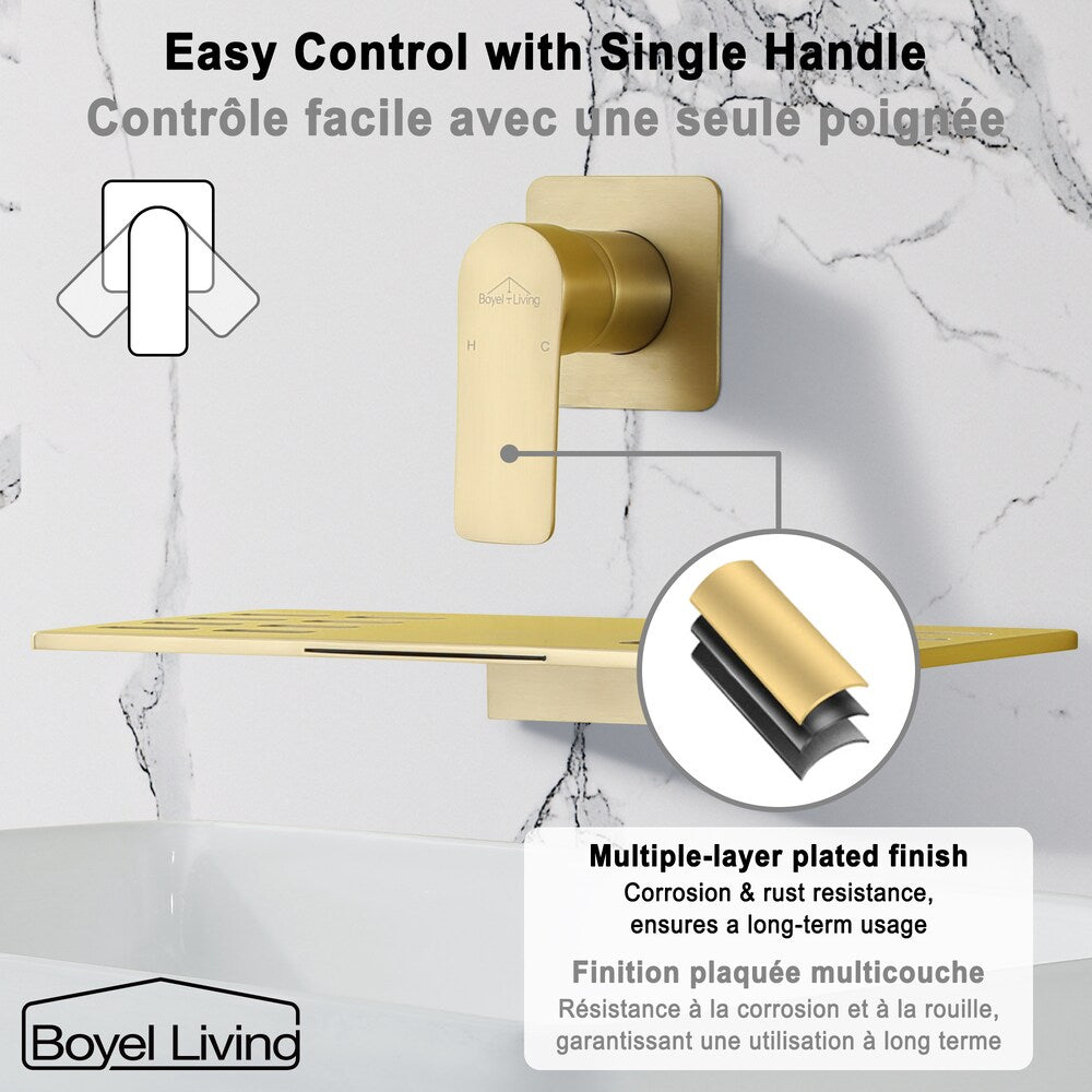 1-Handle Waterfall Solid Brass Bathroom Sink Tub Faucet in Brushed Gold