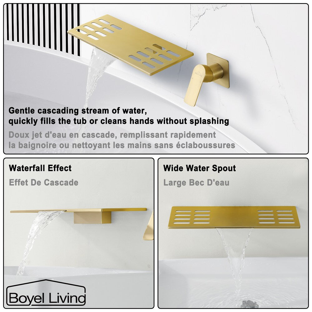 1-Handle Waterfall Solid Brass Bathroom Sink Tub Faucet in Brushed Gold