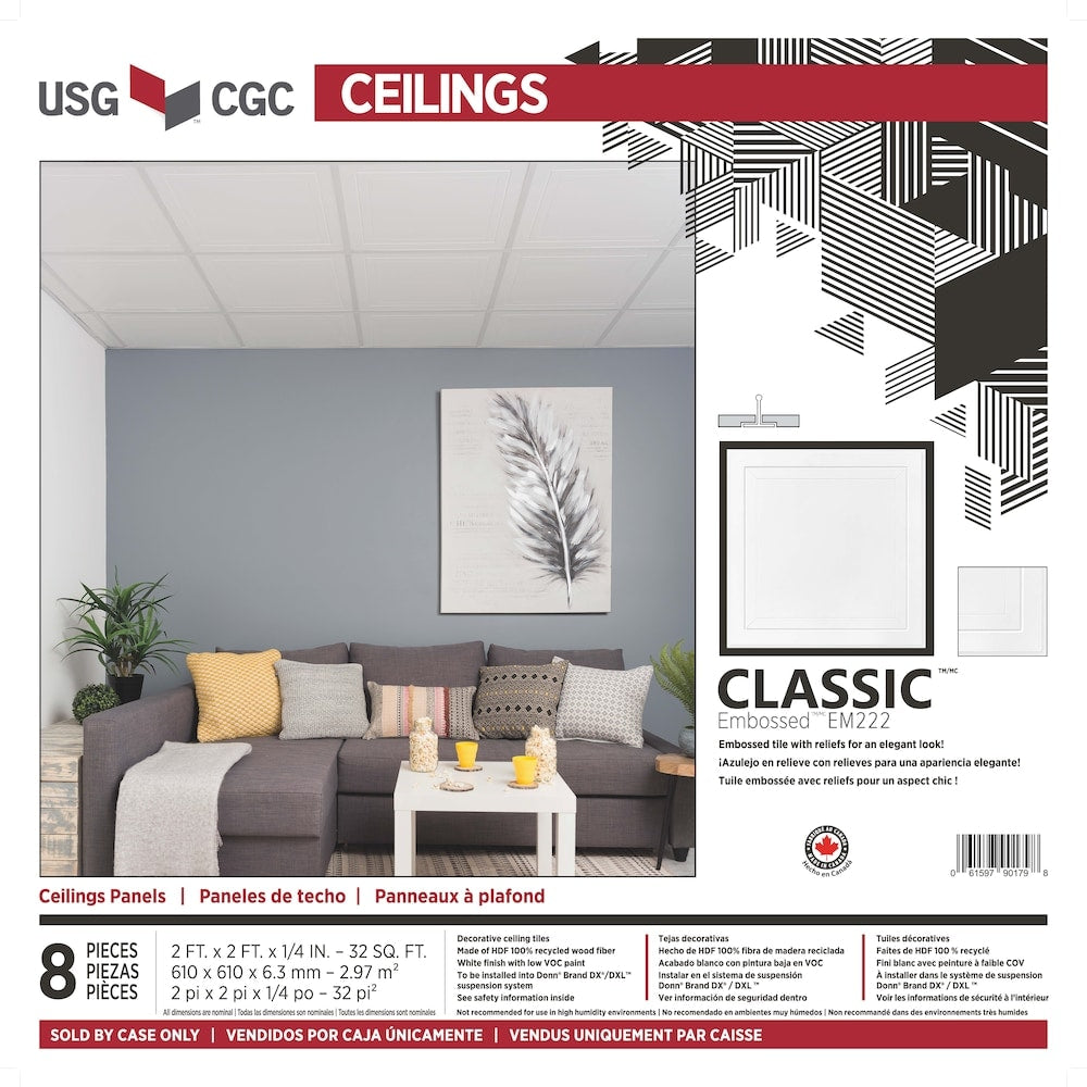 Panneau de plafond décoratif classique de 2 pi x 2 pi x 1/4 po (vendu par carton - paquet de 8)