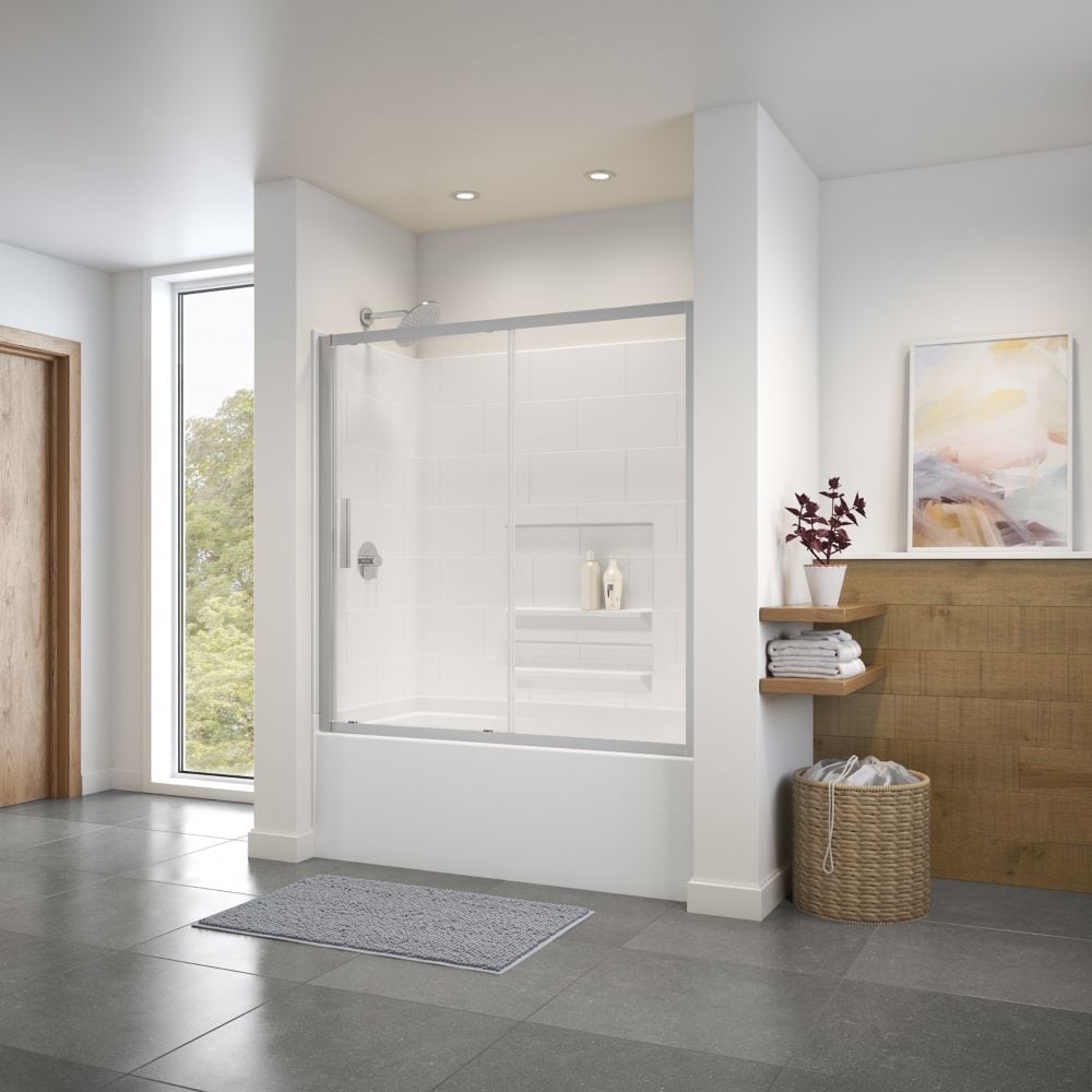 Connect 55.5 - 57W (Adjustable Width) x 57H Semi-Frameless Sliding Bathtub Door in Chrome with Clear Glass