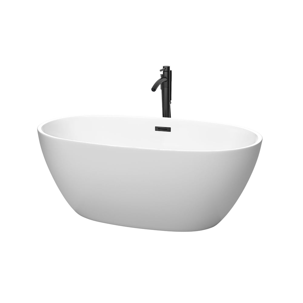 Baignoire autoportante Juno de 59 pouces en blanc mat avec robinet, drain et garniture de trop-plein en noir mat