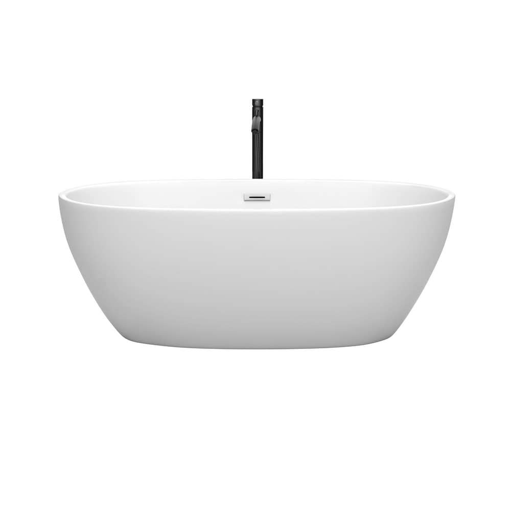 Baignoire autoportante Juno de 63 pouces en blanc mat avec garniture en chrome poli et robinet en noir mat