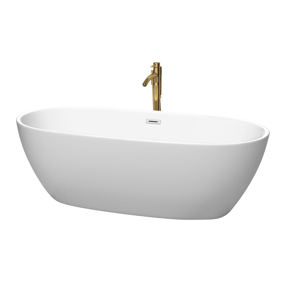 Juno 71 inch Freestanding Bathtub in Matte White w/ Polished Chrome Trim and Faucet in Brushed Gold
