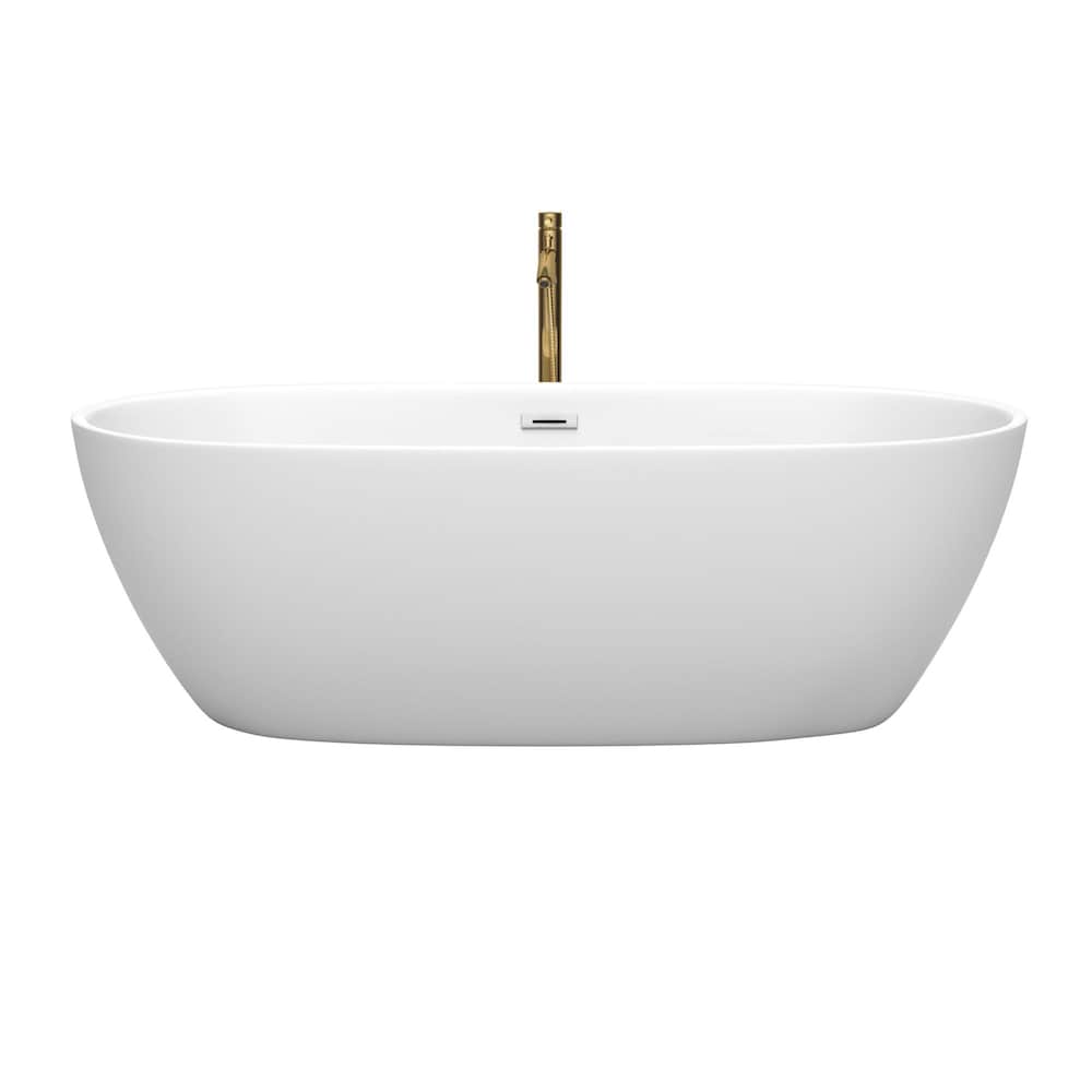 Juno 71 inch Freestanding Bathtub in Matte White w/ Polished Chrome Trim and Faucet in Brushed Gold