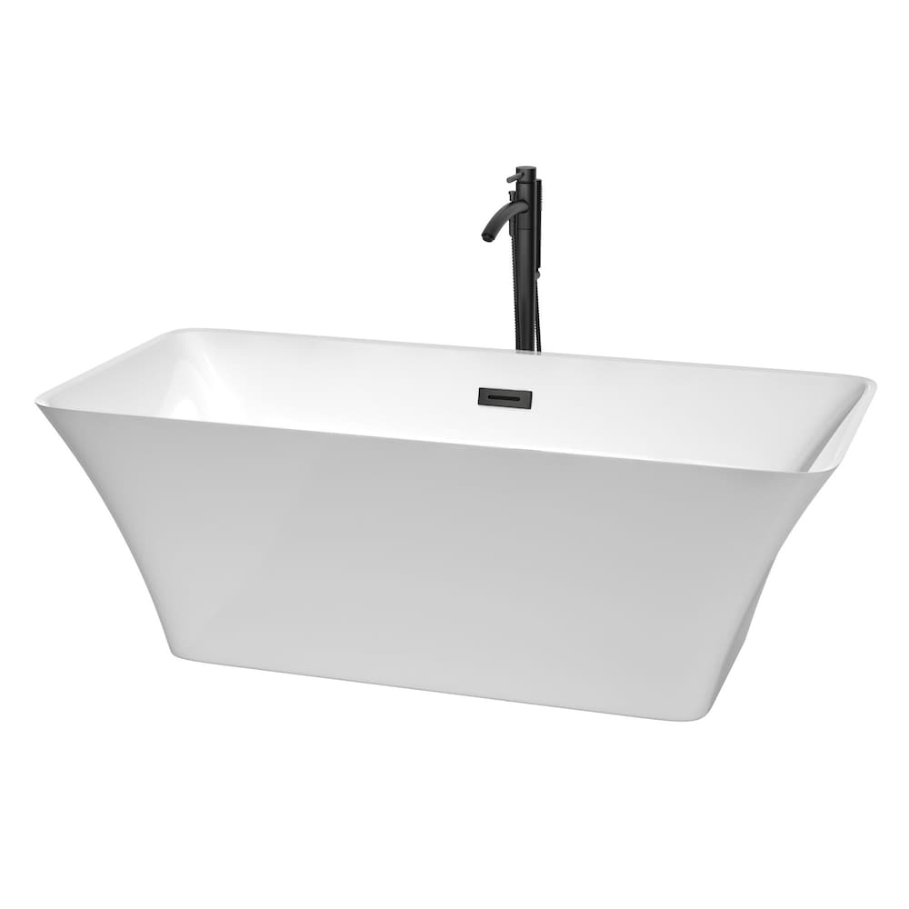 Tiffany 67 inch Freestanding Bathtub in White with Faucet, Drain and Overflow Trim in Matte Black