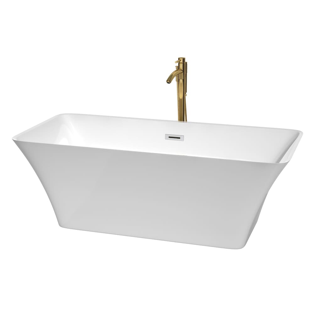 Tiffany 67 inch Freestanding Bathtub in White with Polished Chrome Trim and Faucet in Brushed Gold