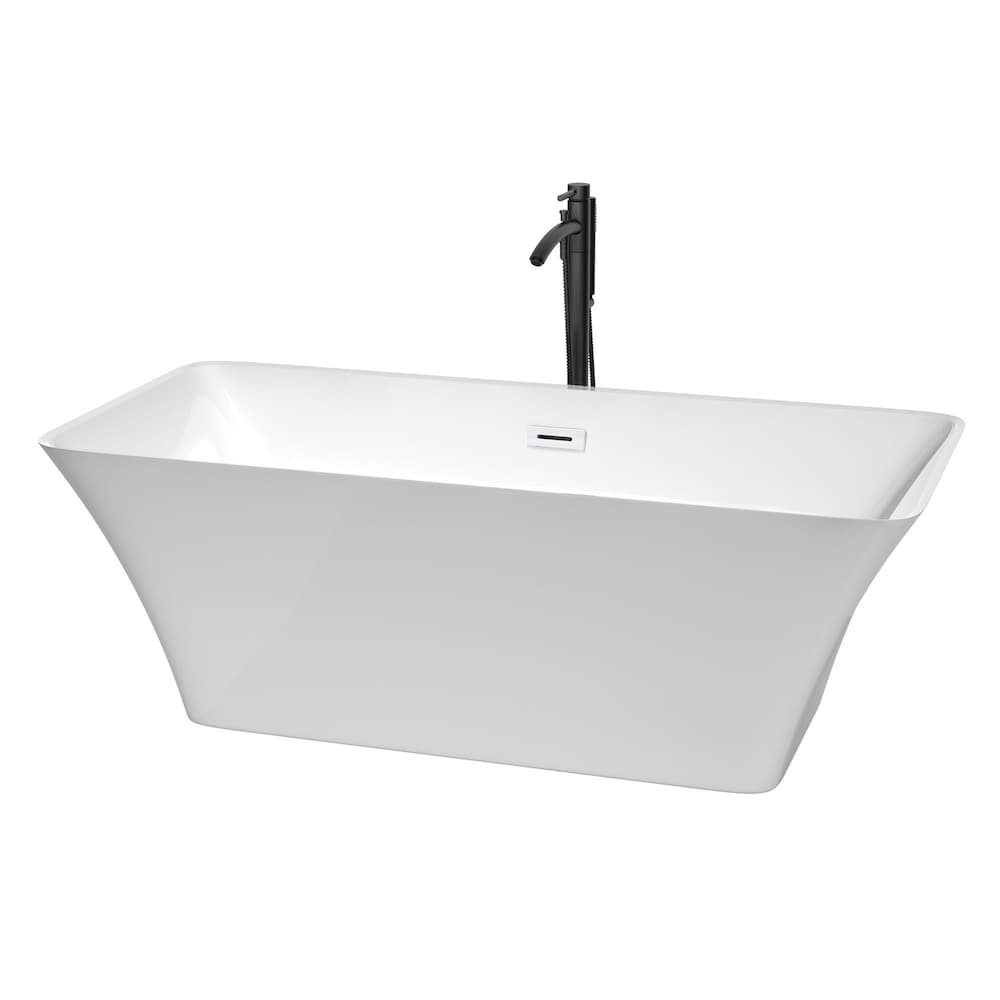 Tiffany 67 inch Freestanding Bathtub in White with Shiny White Trim and Faucet in Matte Black