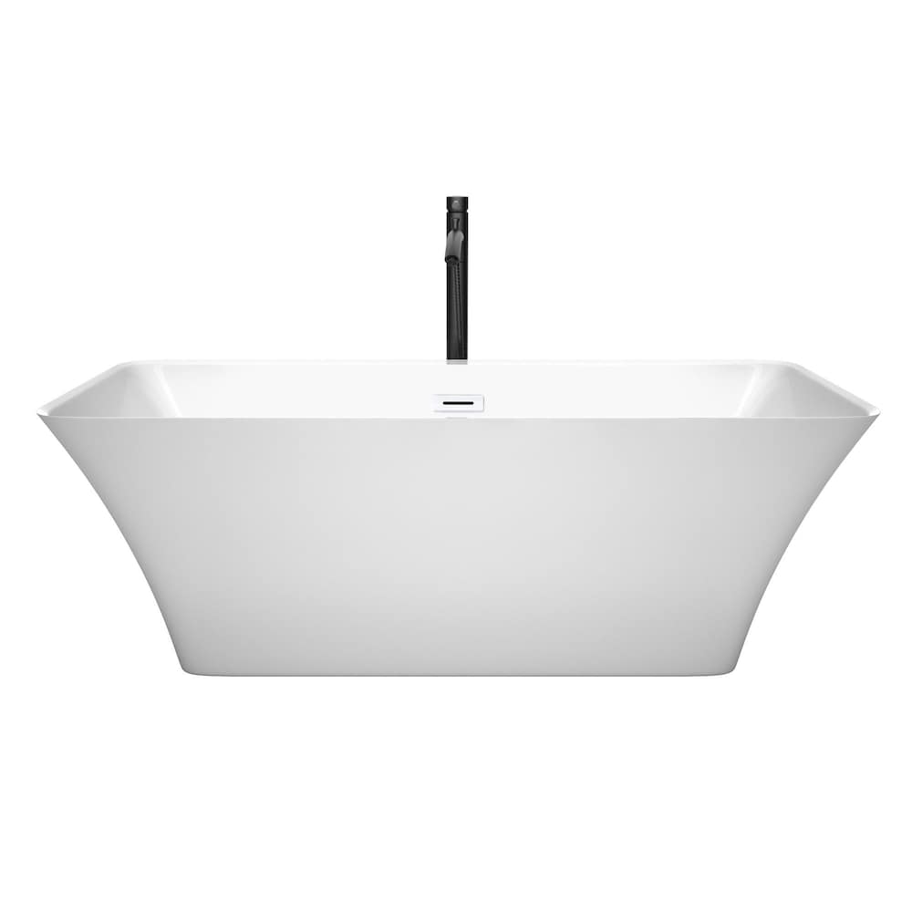 Tiffany 67 inch Freestanding Bathtub in White with Shiny White Trim and Faucet in Matte Black