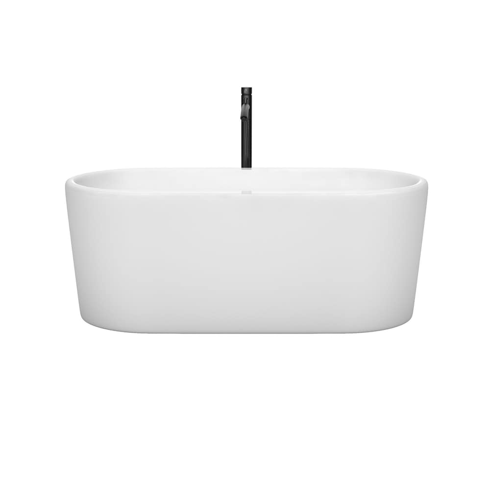 Baignoire autoportante Ursula de 59 pouces en blanc avec robinet, drain et garniture de trop-plein en noir mat