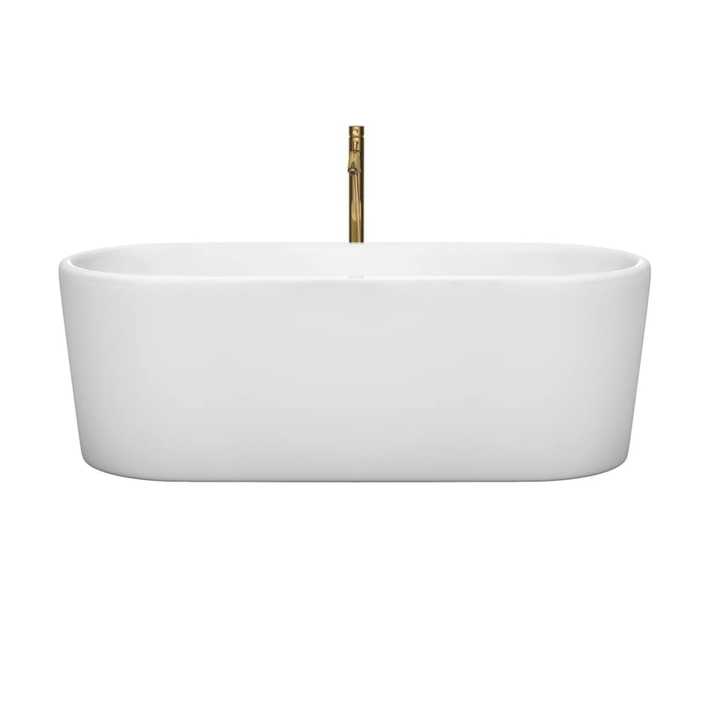 Ursula 67 inch Freestanding Bathtub in White with Polished Chrome Trim and Faucet in Brushed Gold