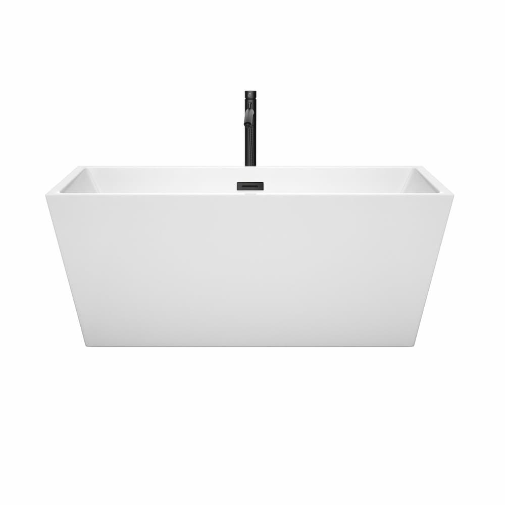 Sara 59 inch Freestanding Bathtub in White with Faucet, Drain and Overflow Trim in Matte Black