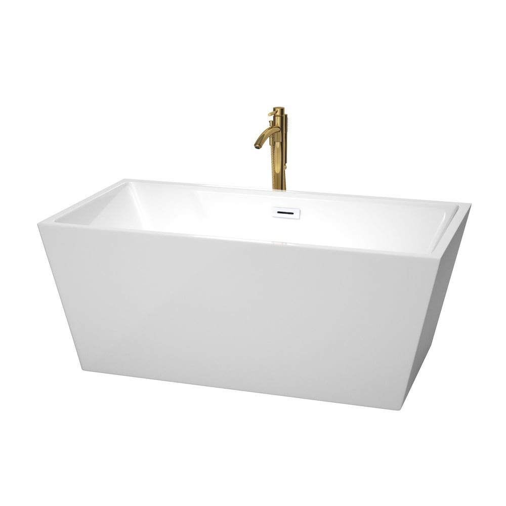 Sara 59 inch Freestanding Bathtub in White with Shiny White Trim and Faucet in Brushed Gold