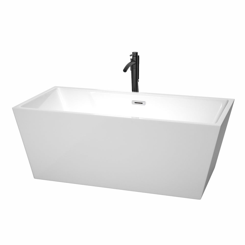 Sara 63 inch Freestanding Bathtub in White with Polished Chrome Trim and Faucet in Matte Black