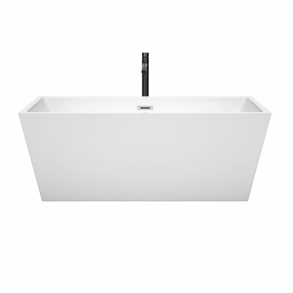 Sara 63 inch Freestanding Bathtub in White with Polished Chrome Trim and Faucet in Matte Black