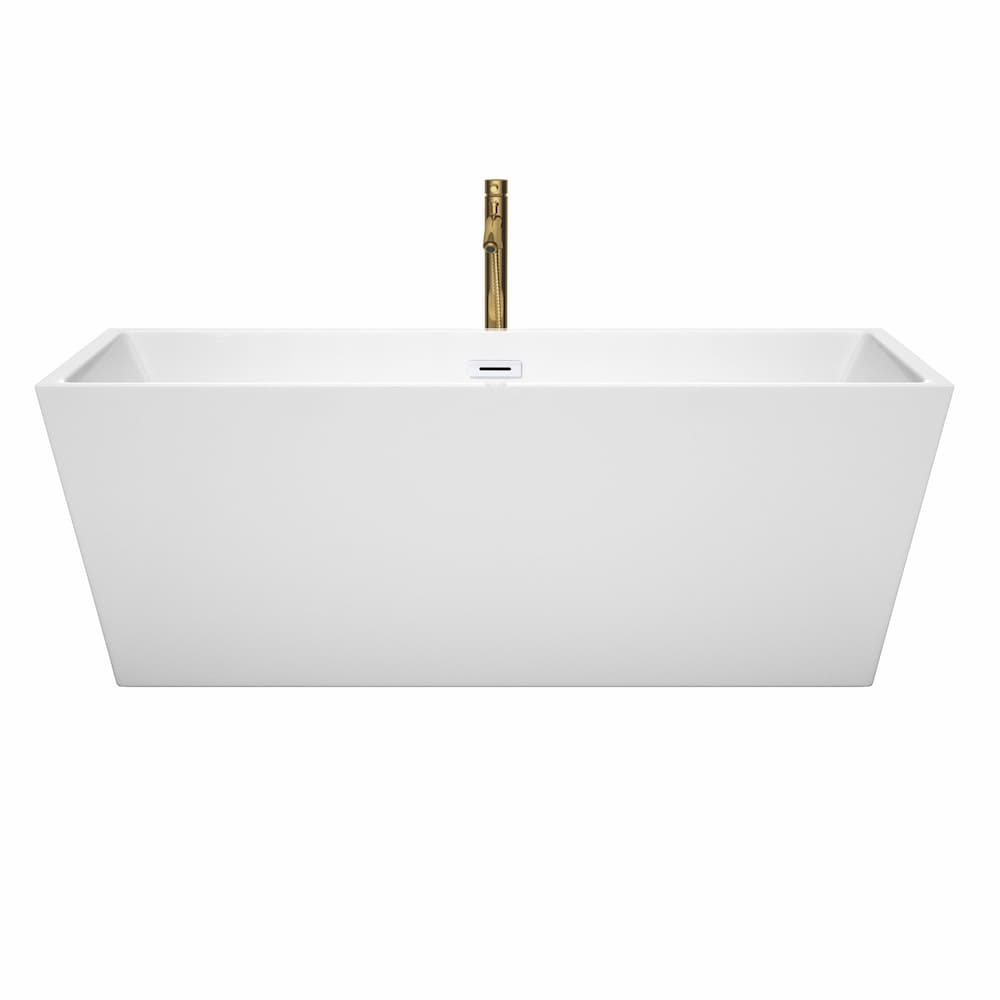 Baignoire autoportante Sara de 67 pouces en blanc avec garniture blanche brillante et robinet en or brossé