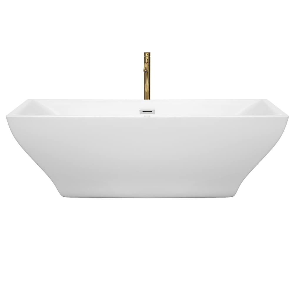 Baignoire autoportante Maryam de 71 pouces en blanc avec garniture en chrome poli et robinet en or brossé