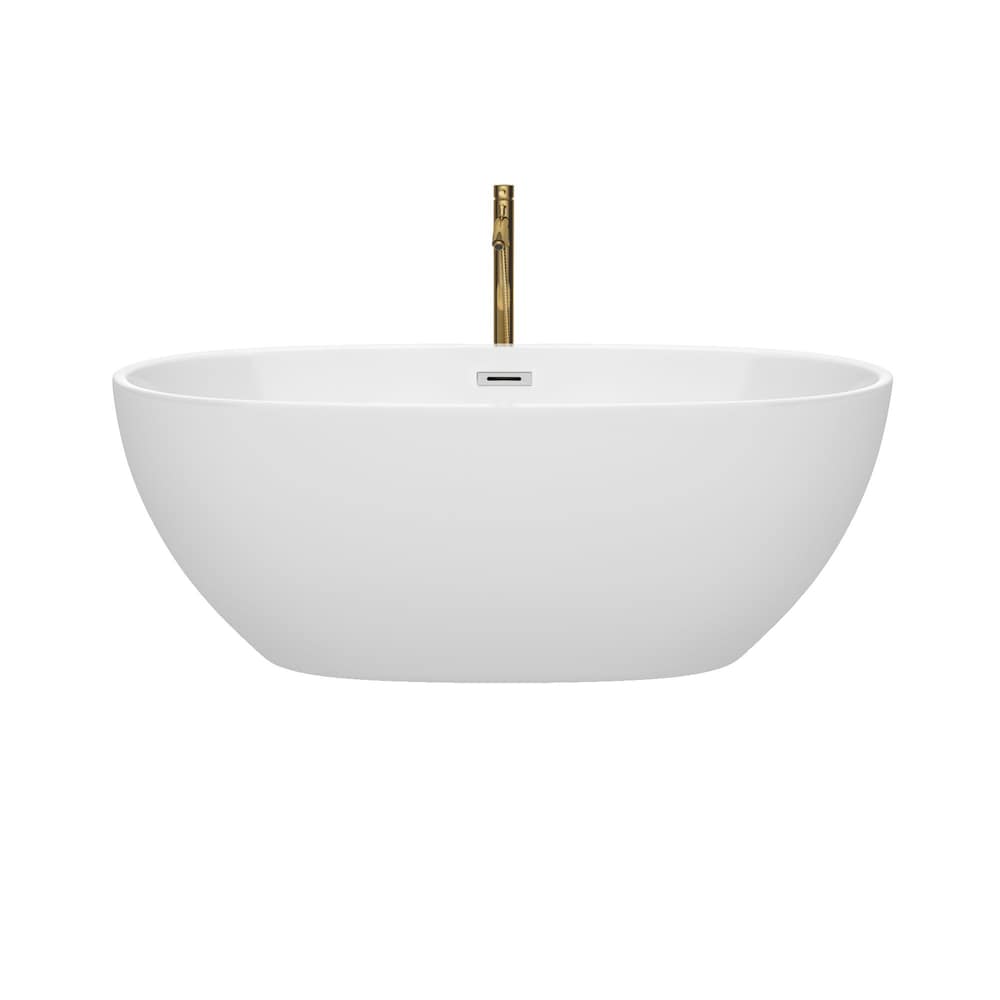 Juno 63 inch Freestanding Bathtub in White with Polished Chrome Trim and Faucet in Brushed Gold