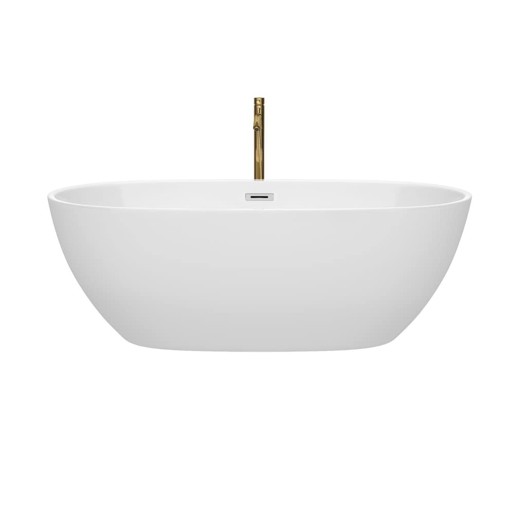 Baignoire autoportante Juno de 67 pouces en blanc avec garniture en chrome poli et robinet en or brossé