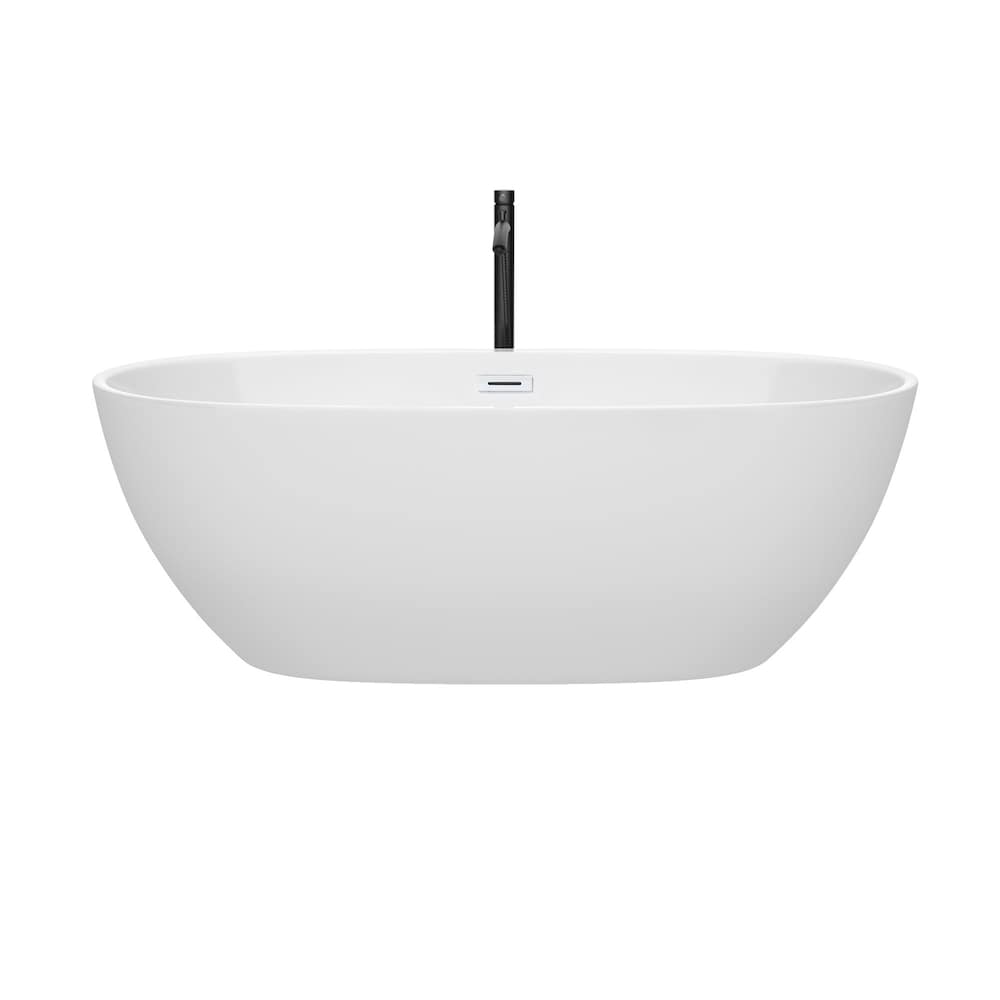 Baignoire autoportante Juno de 67 pouces en blanc avec garniture blanche brillante et robinet en noir mat