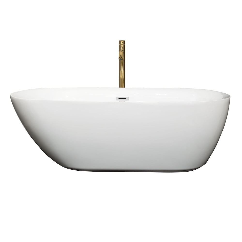 Baignoire autoportante Melissa de 65 pouces en blanc avec garniture en chrome poli et robinet en or brossé