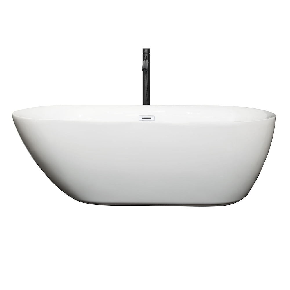 Melissa 65 inch Freestanding Bathtub in White with Shiny White Trim and Faucet in Matte Black