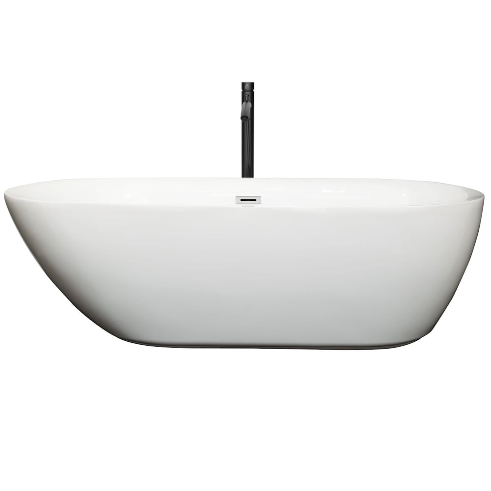 Melissa 71 inch Freestanding Bathtub in White with Polished Chrome Trim and Faucet in Matte Black
