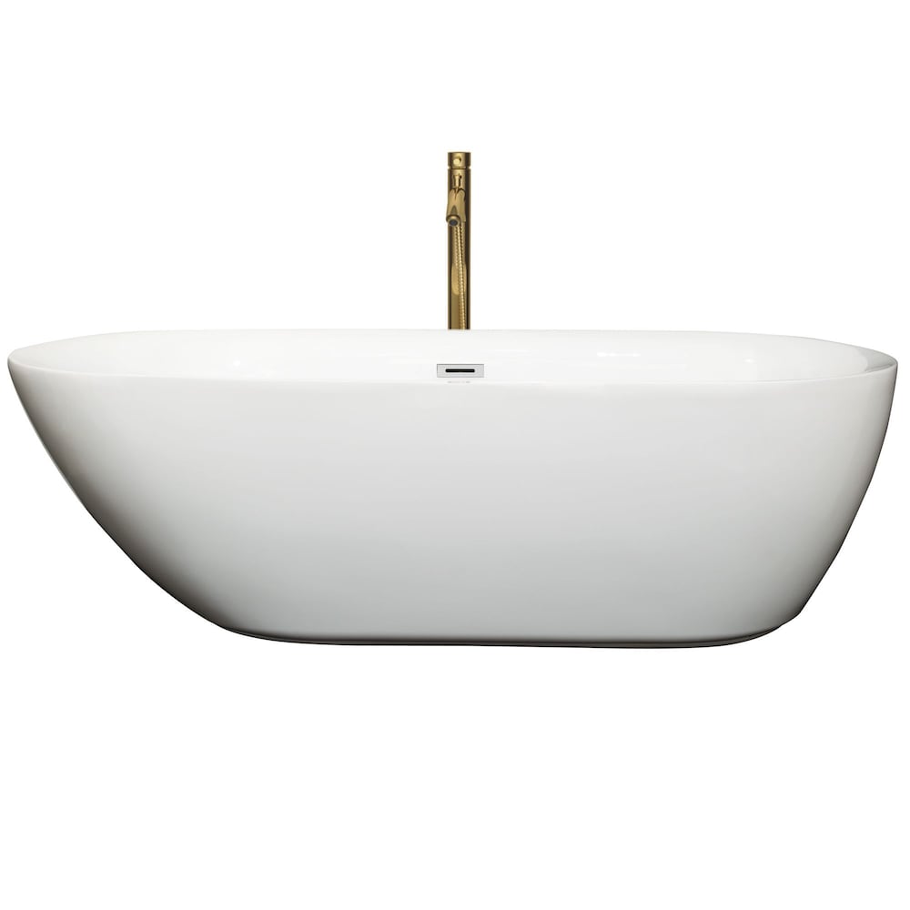 Melissa 71 inch Freestanding Bathtub in White with Polished Chrome Trim and Faucet in Brushed Gold