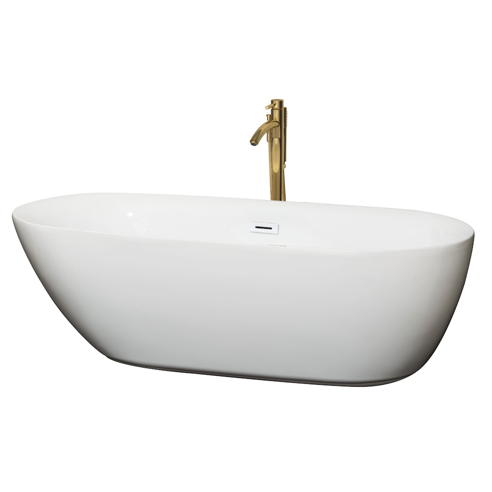 Melissa 71 inch Freestanding Bathtub in White with Shiny White Trim and Faucet in Brushed Gold