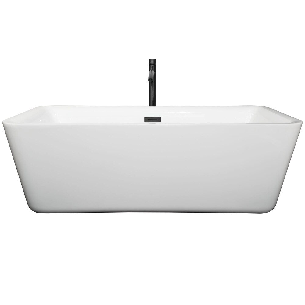 Baignoire autoportante Emily de 69 pouces en blanc avec robinet, drain et garniture de trop-plein en noir mat