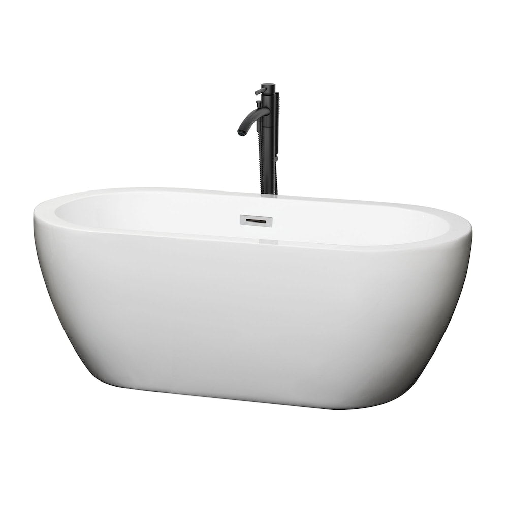 Baignoire autoportante Soho de 60 pouces en blanc avec garniture en chrome poli et robinet en noir mat